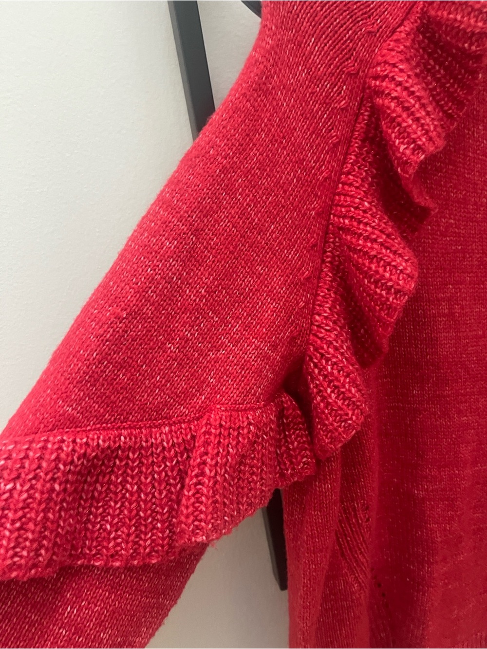 Women’s Red Ruffle Knit Sweater - Picture 2 of 5